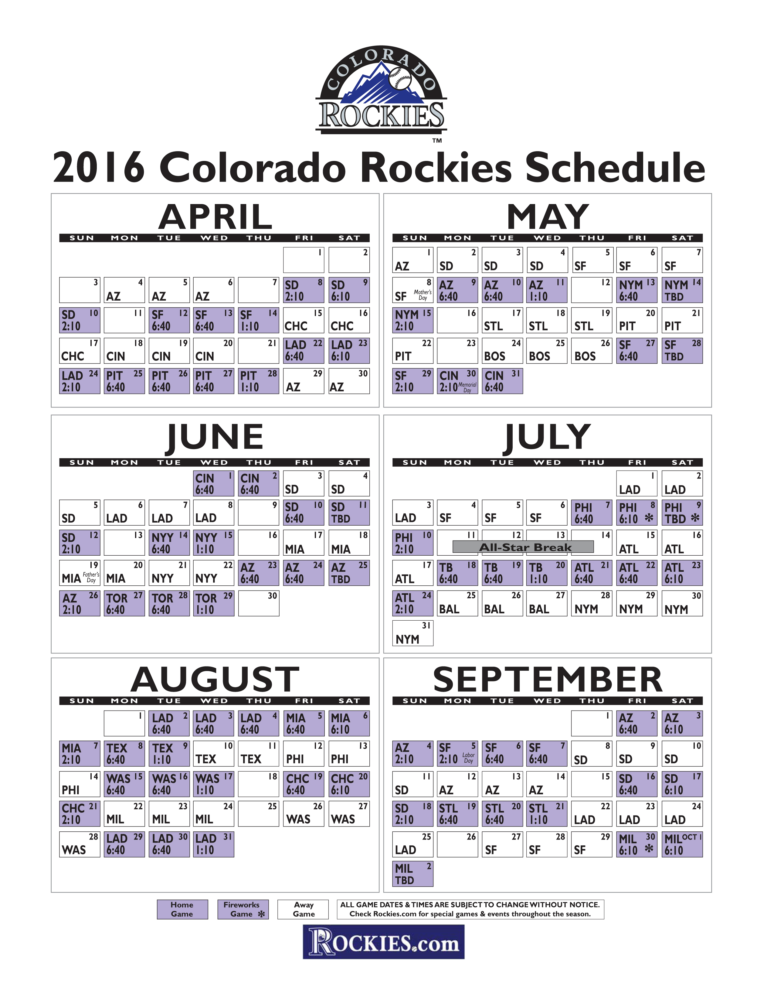 Colorado Rockies 2016 Schedule Announced I70 Scout & Eastern